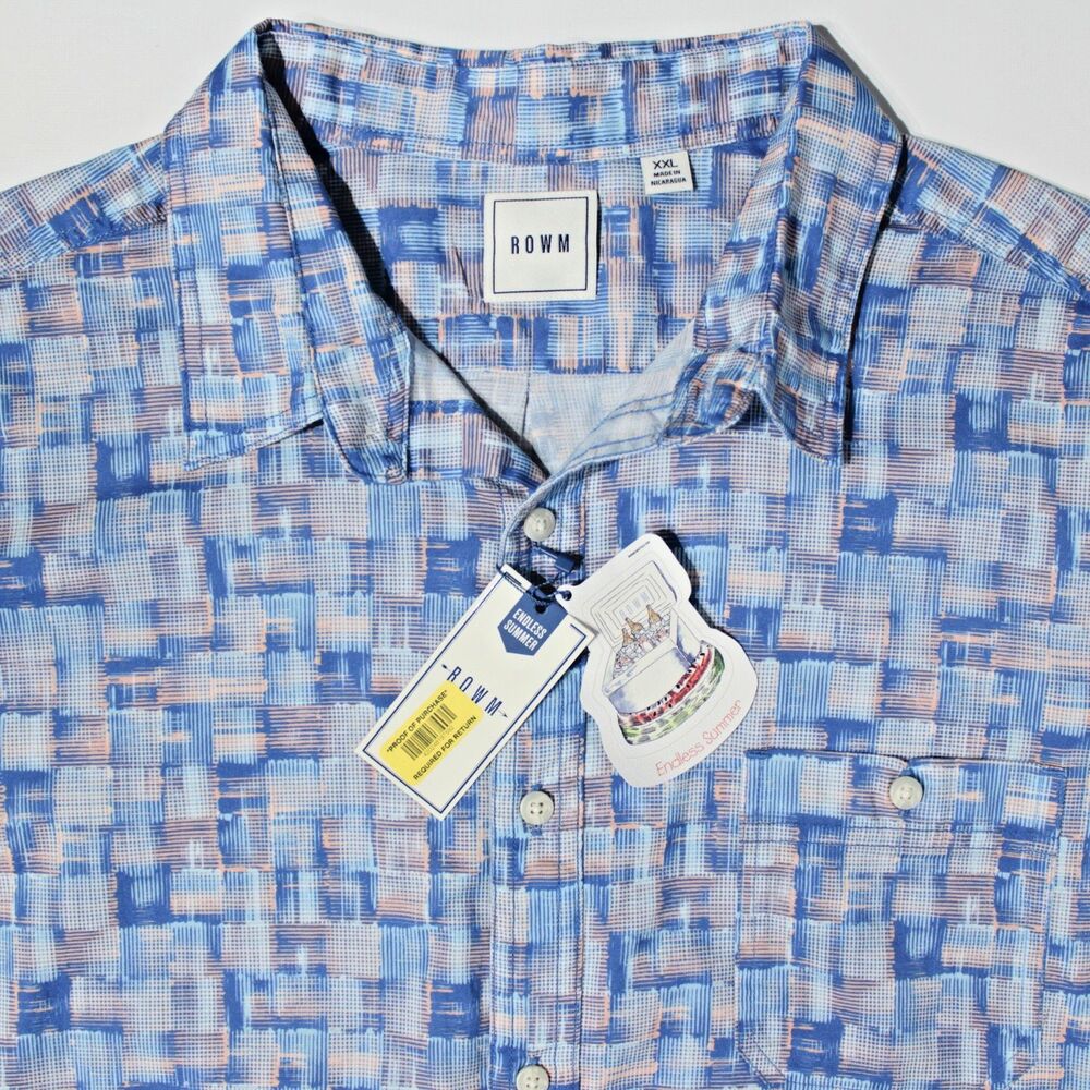 NWT Rowm Endless Summer Short Sleeve Button Up Shirt Blue Pink Squares Men XXL